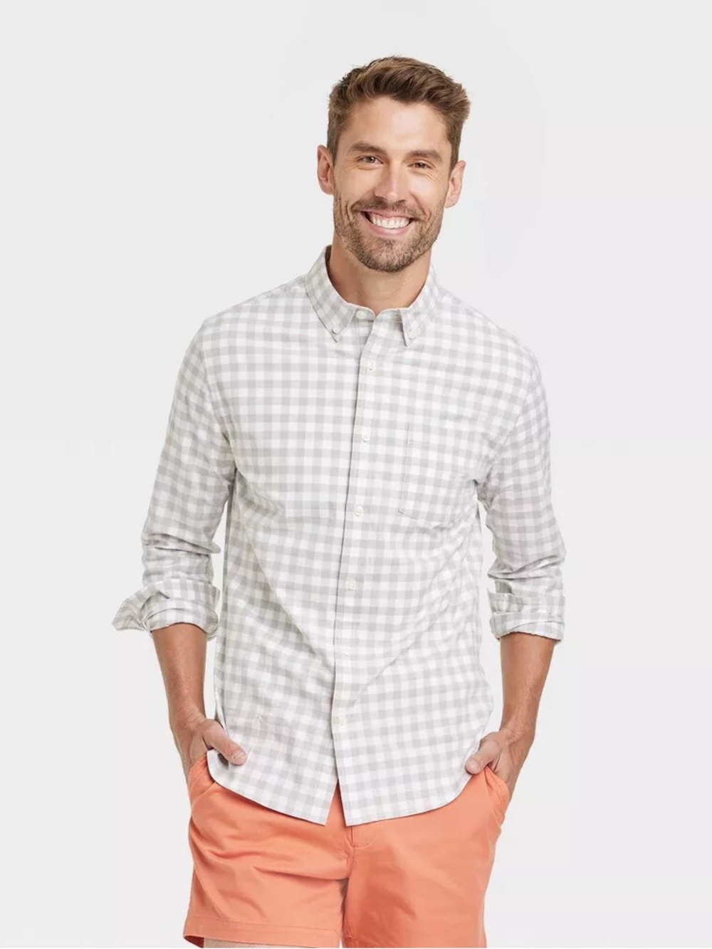 Men's Gray Gingham Button-Down Shirt - Large